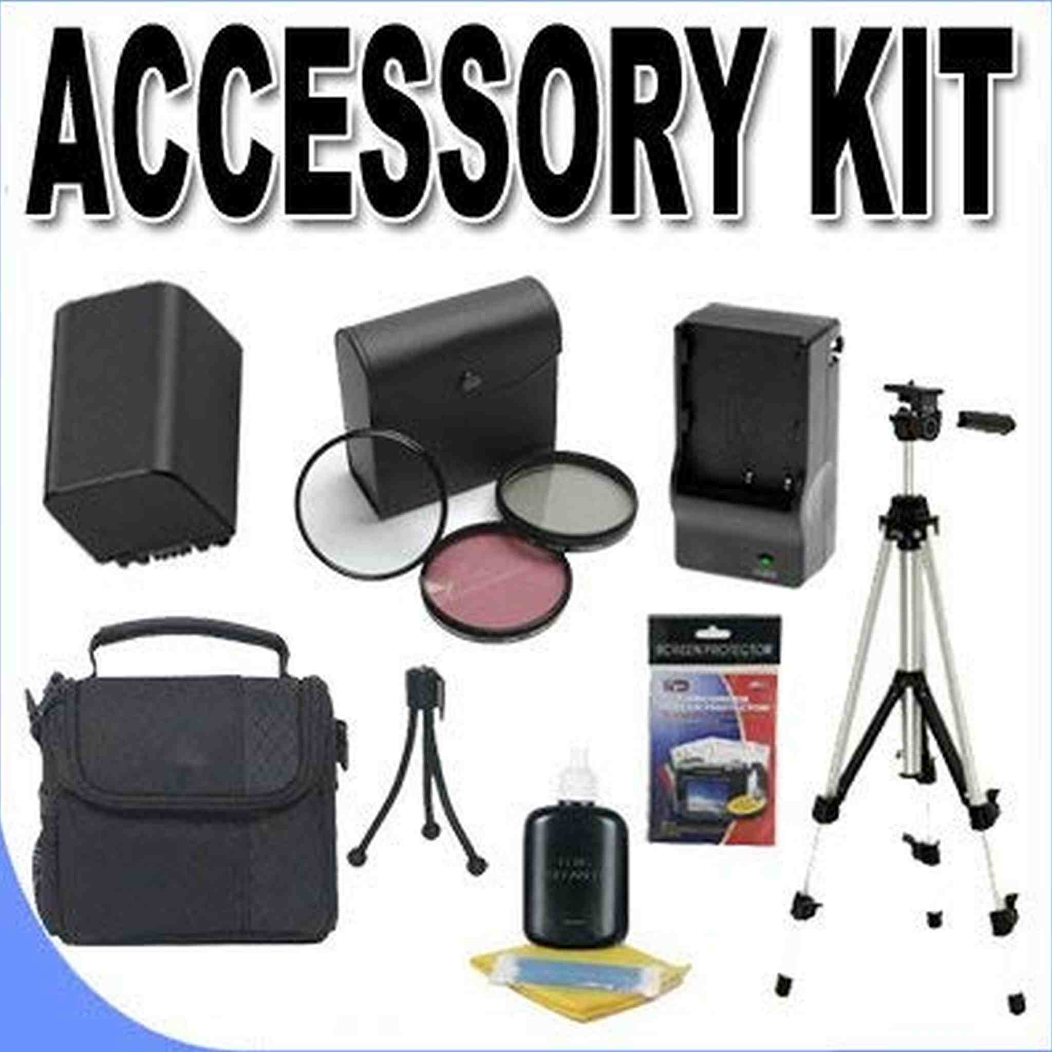 FH100 Lithium Ion Replacement Battery/Charger Case Tripod BigVALUEInc Accessory Saver 30mm Filter Kit Bundle f/Sony Camcorders