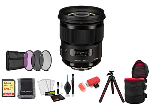 Sigma 50mm f/1.4 DG HSM Art Lens for Nikon F with 128GB Memory Card and Filter Kit International Model
