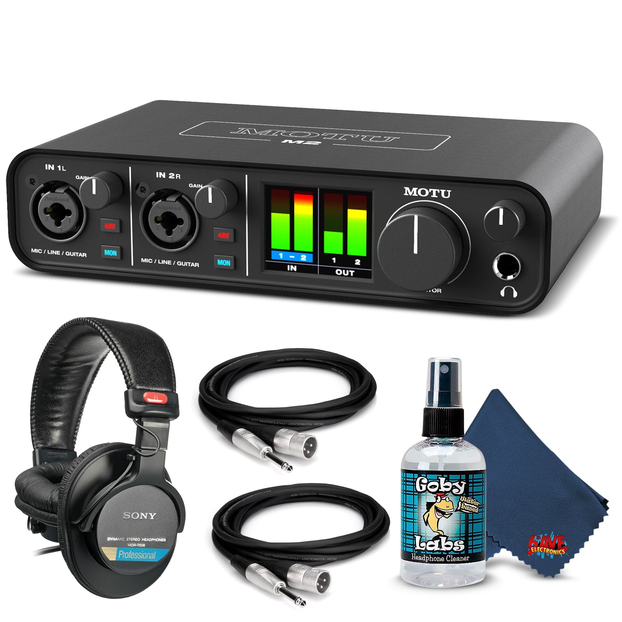 MOTU M2 2x2 USB-C Audio Interface Bundle with Headphone, XLR Cables, and 6Ave Cleaning Kit