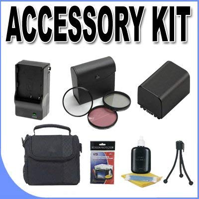 FH100 Lithium Ion Replacement Battery/Charger Case BigVALUEInc Accessory Saver 30mm Filter Kit Bundle f/Sony Camcorders