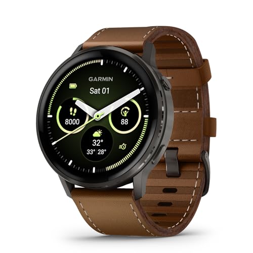 Garmin Venu® 4, 45mm, Advanced Health and Fitness GPS Smartwatch, Bright and Colorful Display, Built-in Flashlight, 12 Days of Battery Life, Slate with Black Silicone Band/Brown Leather Band