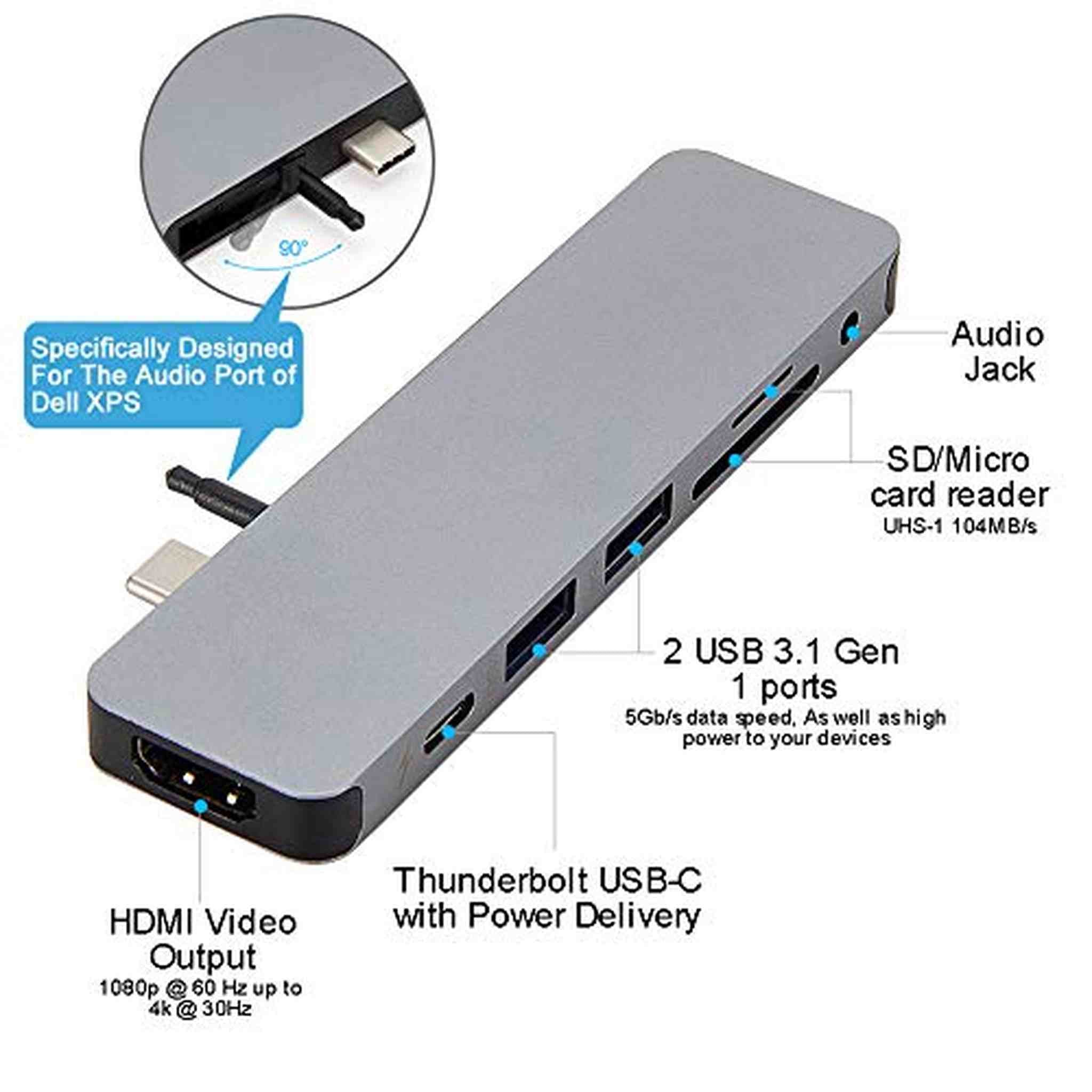 HyperDrive USB-C Hub Adapter, Sanho Solo 7-in-1 Type C Dongle for MacBook Pro, PC w USB-C Port: USBC 40Mbps 100W Power Delivery, USBC 5Gbps Data, 4K HDMI, microSD/SD Card Reader, 2xUSB 3.0, Audio Jack - Used Hyper