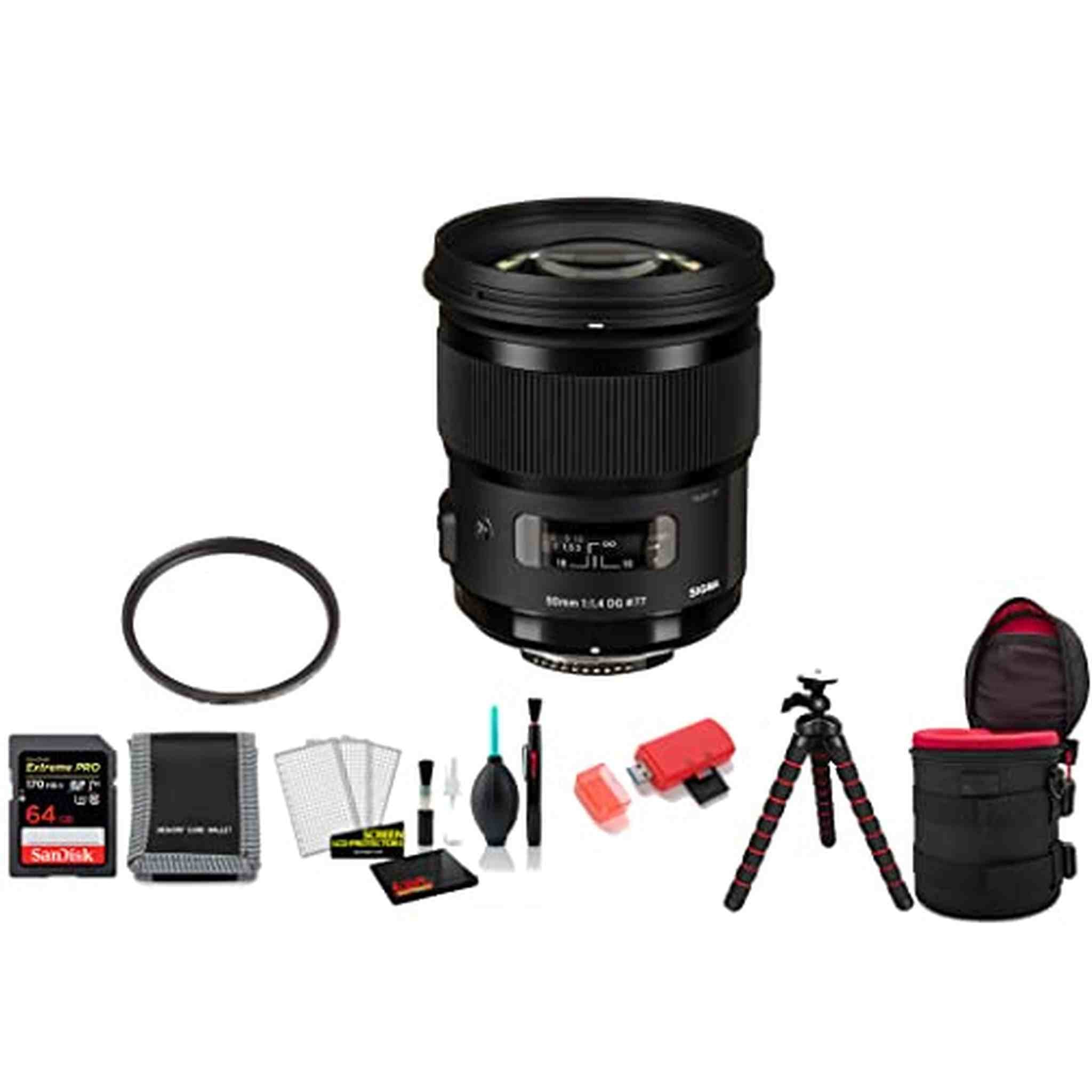 Sigma 50mm f/1.4 DG HSM Art Lens for Nikon F with 64GB Memory Card and UV Filter International Model SIGMA