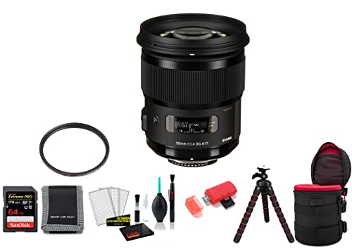 Sigma 50mm f/1.4 DG HSM Art Lens for Nikon F with 64GB Memory Card and UV Filter International Model