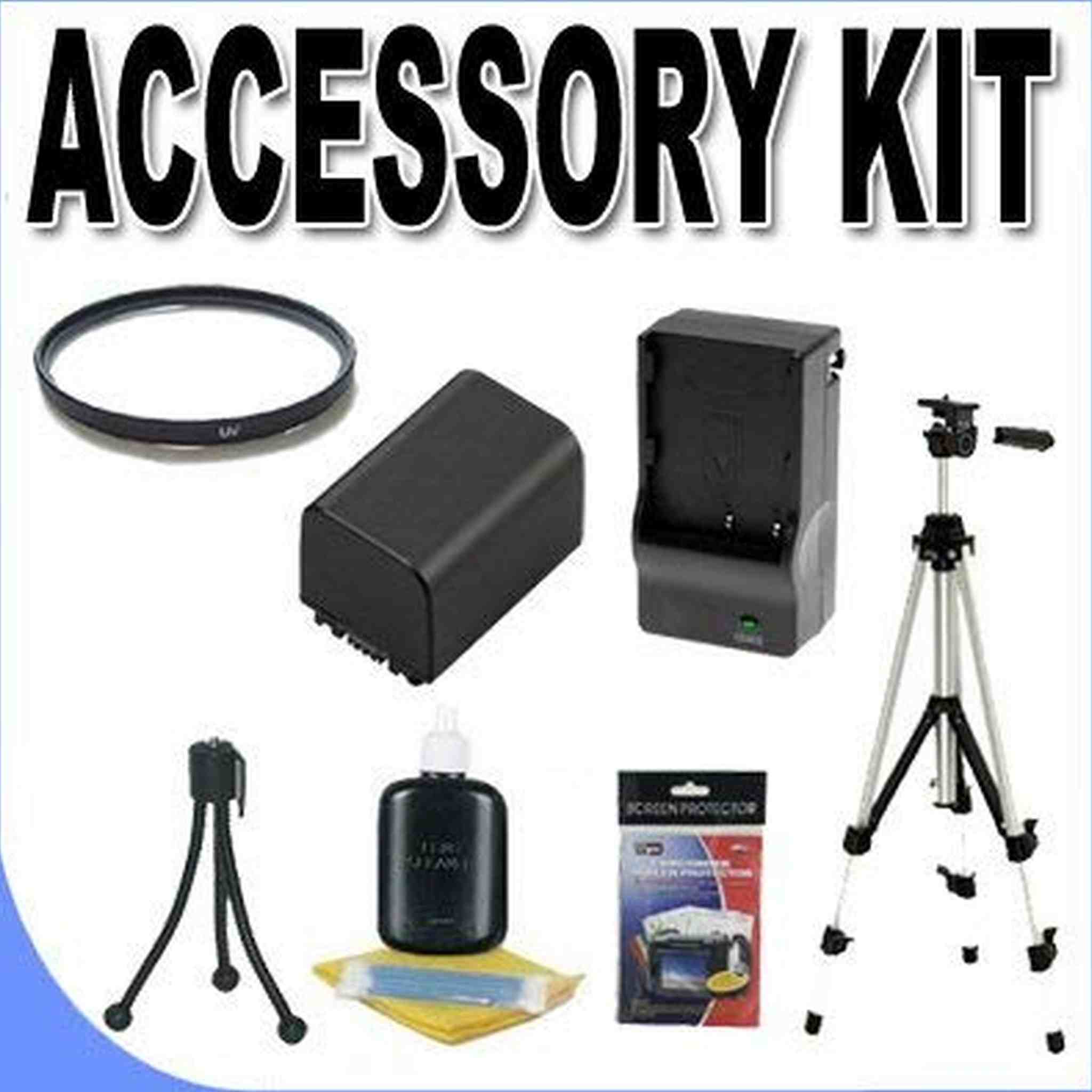 FH100 Lithium Ion Replacement Battery/Charger & Tripod 37mm UV Filter BigVALUEInc Accessory Saver Bundle f/Sony Camcorders