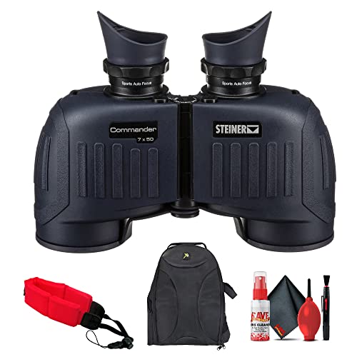 Steiner 7x50 Commander Binoculars (2304) Bundle with Padded Backpack, Floating Wrist Strap, and 6Ave Cleaning Kit