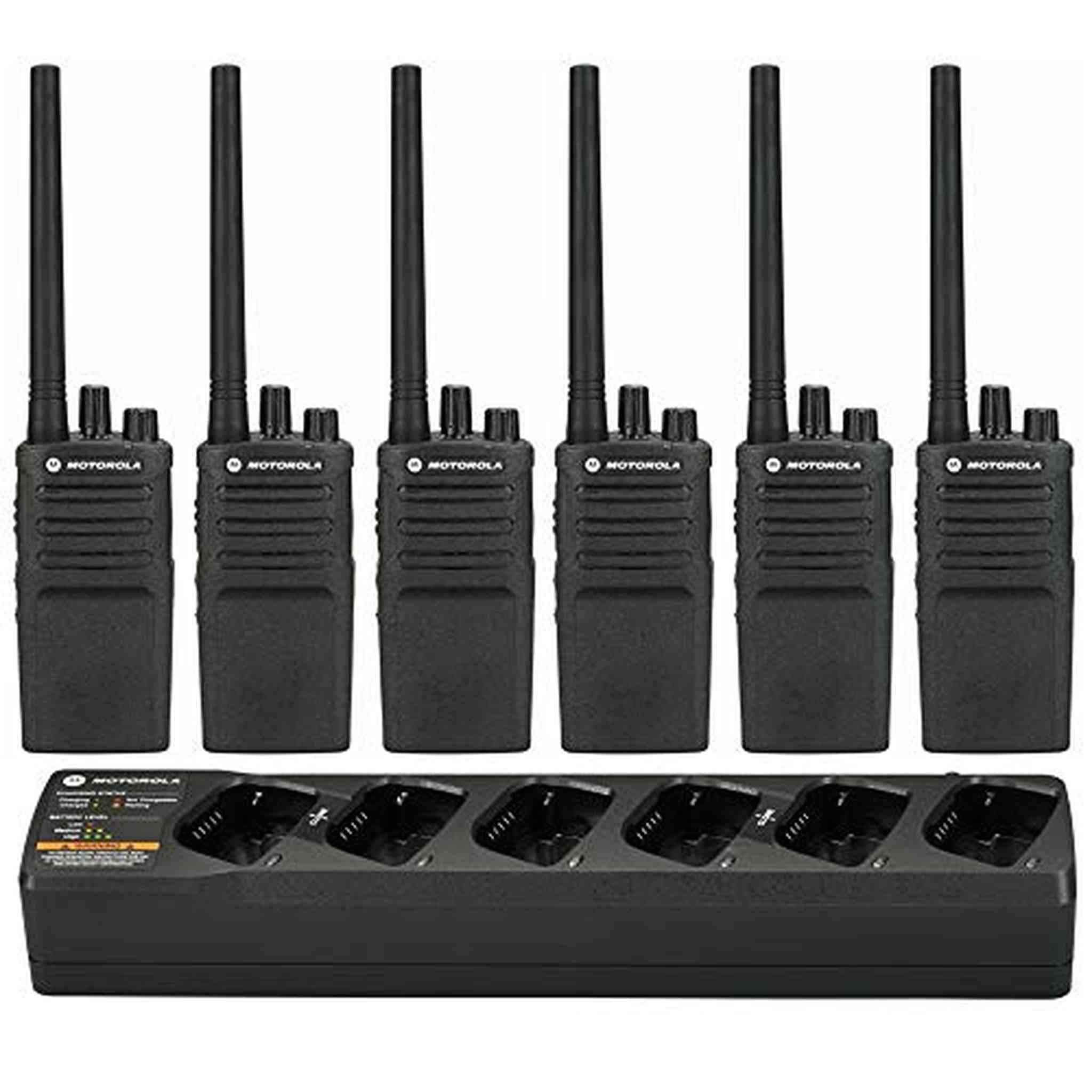 6 Motorola RMV2080 - VHF 2 Watt 8 Channel Radios & 1 Motorola PMLN6384 6 Radio Charger Black Motorola