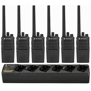 6 Motorola RMV2080 - VHF 2 Watt 8 Channel Radios & 1 Motorola PMLN6384 6 Radio Charger Black Motorola