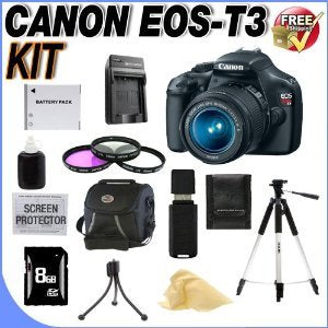 Canon EOS Rebel T3 12.2 MP CMOS Digital SLR with 18-55mm IS II Lens (Black) W/8GB SDHC Memory +Extra LPE10 Battery +3 Piece 58mm Filter Kit + Deluxe Case w/Strap + Full Size Tripod + USB Card Reader +