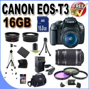 Canon EOS Rebel T3 12.2 MP CMOS Digital SLR with 18-55mm IS II Lens (Black) + Canon EF-S 55-250mm f/4.0-5.6 IS Telephoto Zoom Lens + 58mm Wide Angle Lens (4 Lens Kit!!!) W/16GB Memory Card + Extra LPE
