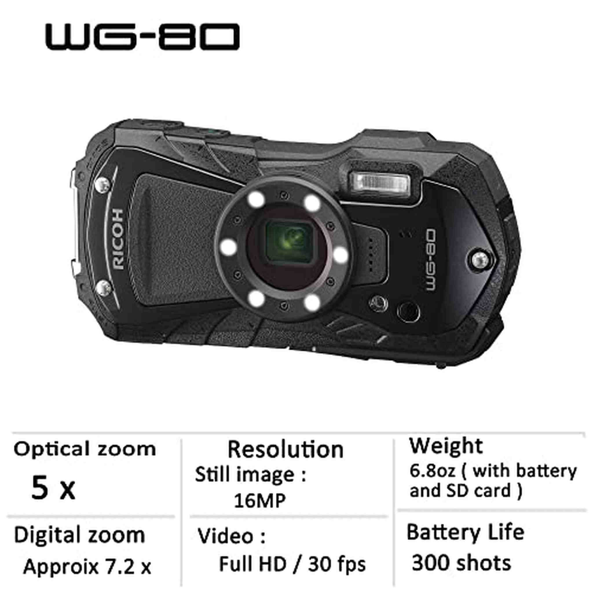 Ricoh WG-80 Black Waterproof Digital Camera Shockproof Freezeproof Crushproof 03123 Ricoh