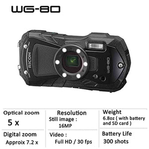 Ricoh WG-80 Black Waterproof Digital Camera Shockproof Freezeproof Crushproof 03123 Ricoh