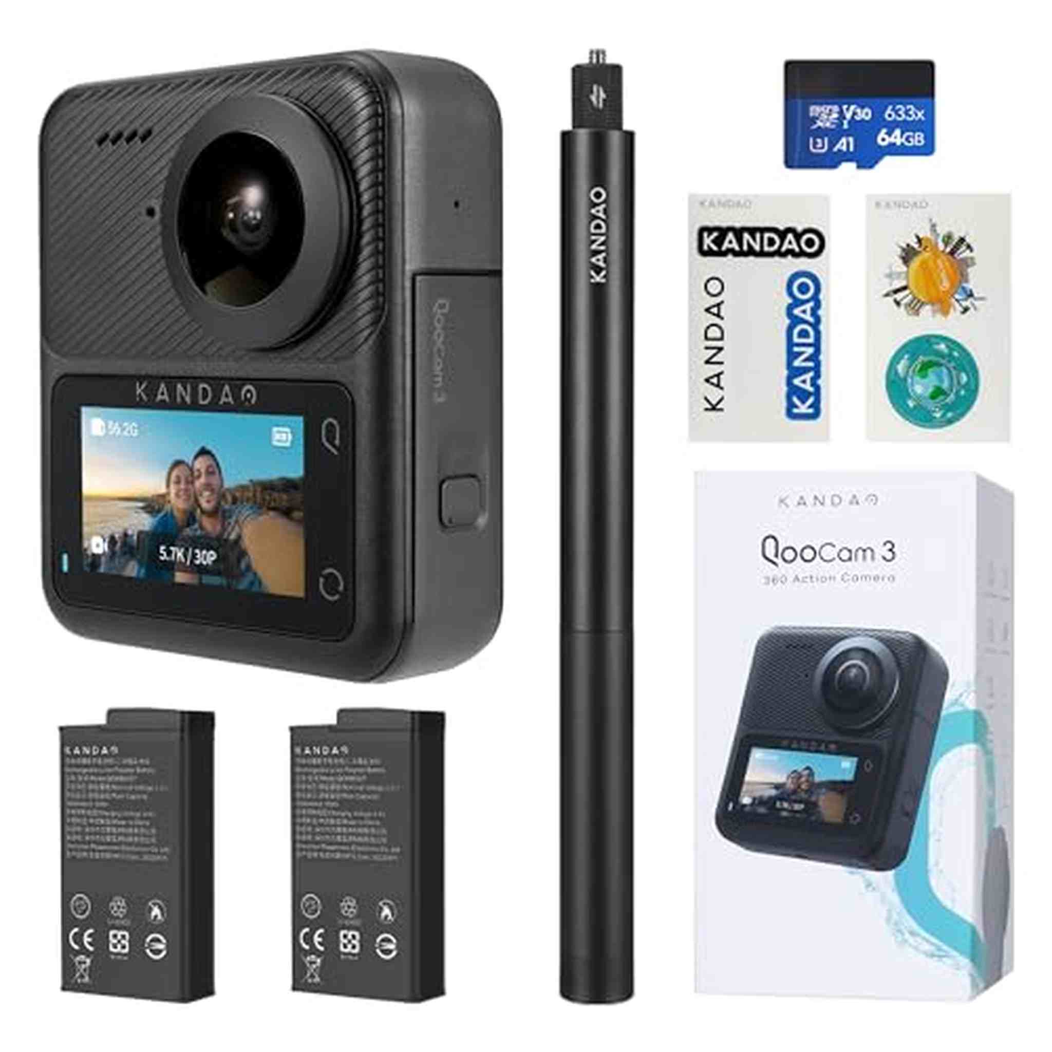 KanDao QooCam 3 360 Action Camera, 5.7K 62MP 360 Sports Camera, Dual 1/1.55" Sensors Larger Aperture Camera, 60fps Flawless Video Camera, Outdoor Stabilization Waterproof Night Shot, Travel Combo KanDao