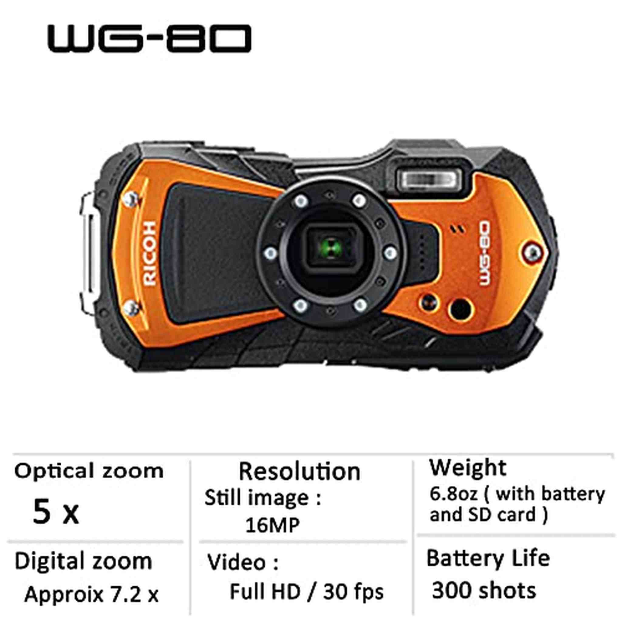 Ricoh WG-80 Orange Waterproof Digital Camera Shockproof Freezeproof Crushproof - Reconditioned Ricoh