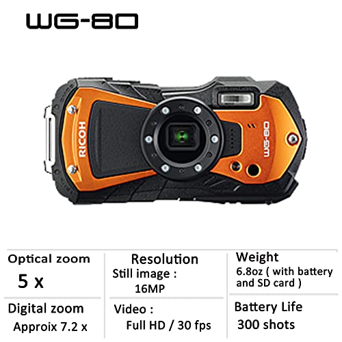 Ricoh WG-80 Orange Waterproof Digital Camera Shockproof Freezeproof Crushproof