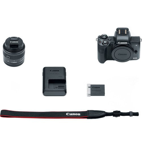 Canon EOS M50 Mirrorless Digital Camera with 15-45mm Lens International Model 2680C011 W/Bag, Extra Battery, LED Light