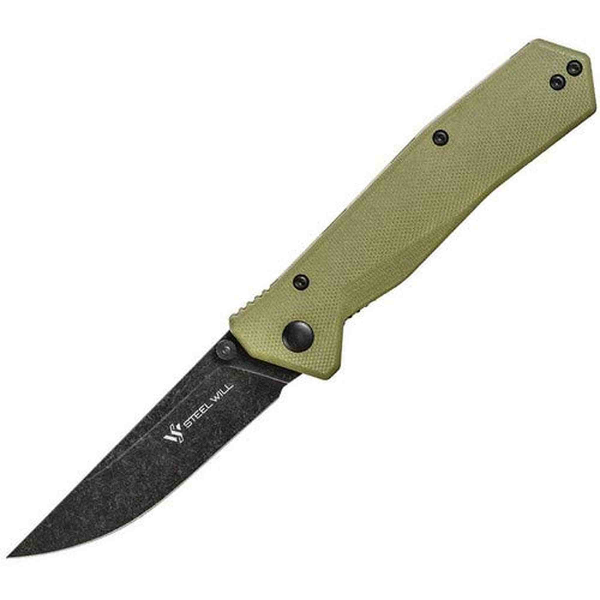 Steel Will SWF11-33 Daitengu F11-33: 3.25" D2 Straight Back Black Stonewash Blade, Liner Lock, OD Green G10 Handle Steel Will