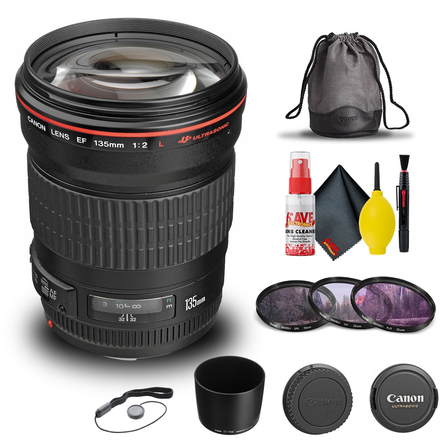 Canon EF 135mm f/2L USM Lens 2520A004 + Filter Kit + Cap Keeper + More