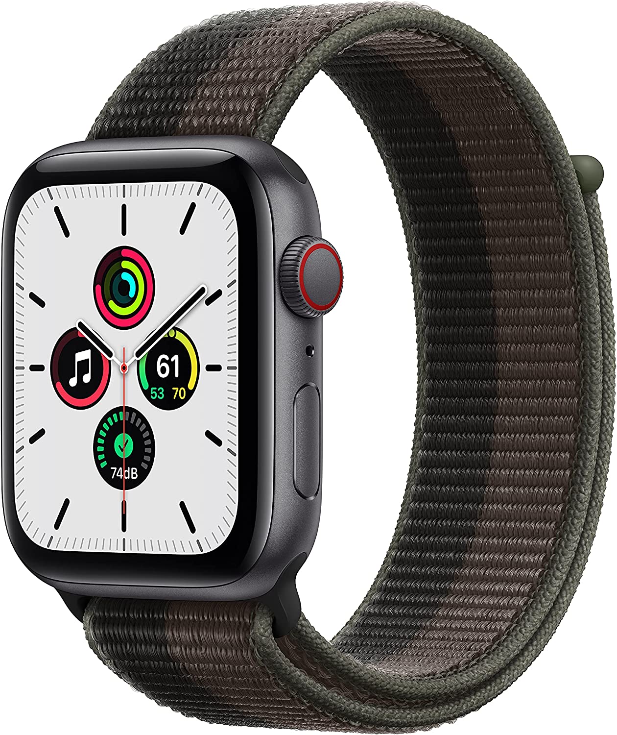 Apple Watch SE (1st Generation) (GPS + Cellular) Smartwatch with 44mm Space Gray Aluminum Case and Tornado Gray/Wolf Gray Sport Loop. (Waterproof)