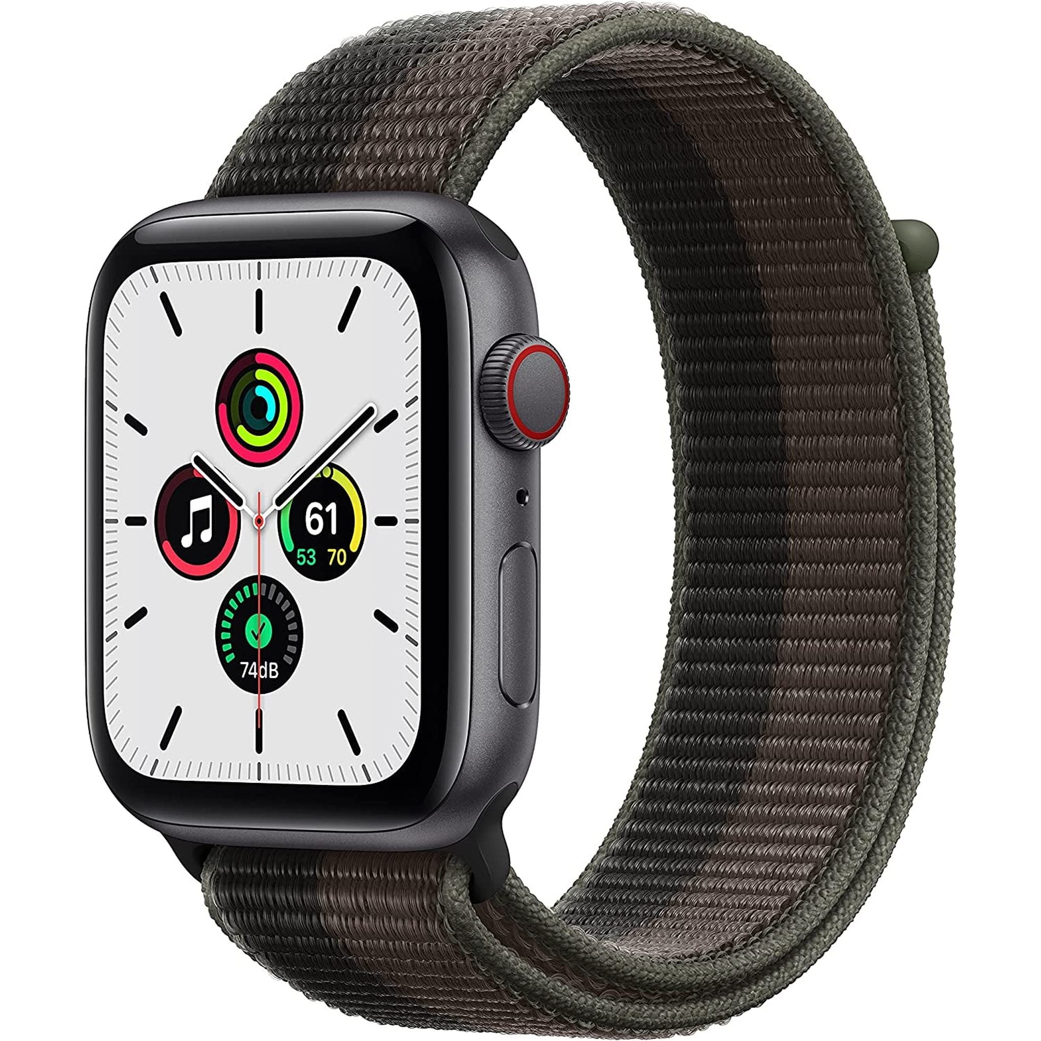 Apple Watch SE 1st Generation GPS + Cellular Smartwatch with 44mm Space Gray Aluminum Case and Tornado Gray/Wolf Gray Sport Loop. Waterproof - Used Apple
