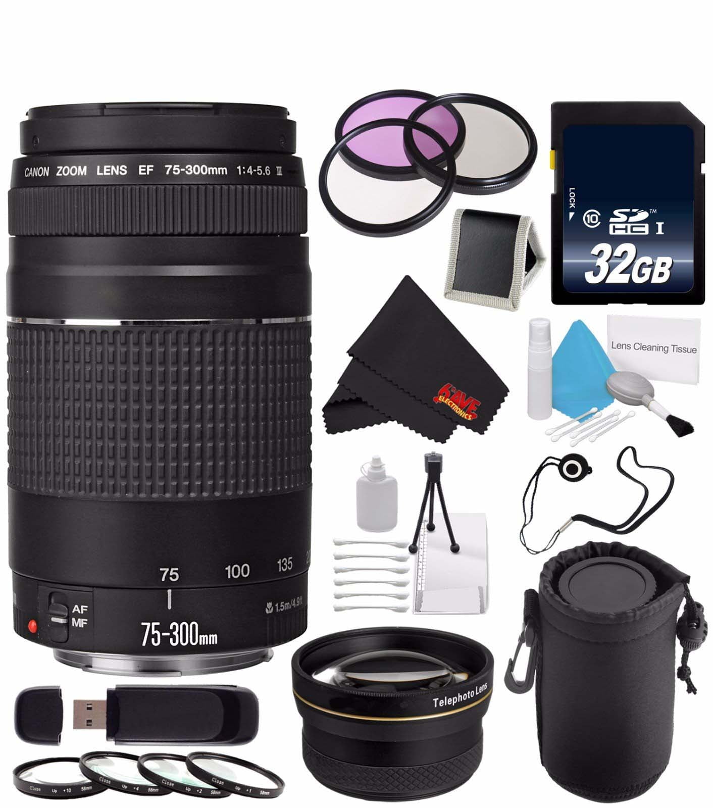 Canon EF 75-300mm f/4-5.6 III Telephoto Zoom Lens 6473A003 + 58mm 3 Piece Filter Kit + 32GB SDHC Class 10 Memory Card Bundle