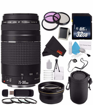Canon EF 75-300mm f/4-5.6 III Telephoto Zoom Lens 6473A003 + 58mm 3 Piece Filter Kit + 32GB SDHC Class 10 Memory Card Bundle