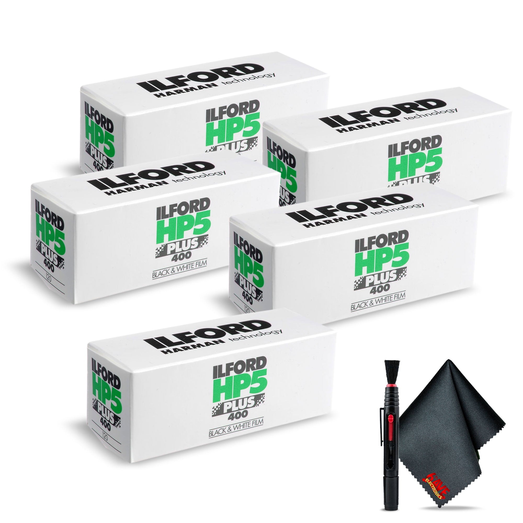 5 Ilford HP5 Plus B&W Negative Film ISO 400 120 Roll Film + Cleaning Kit