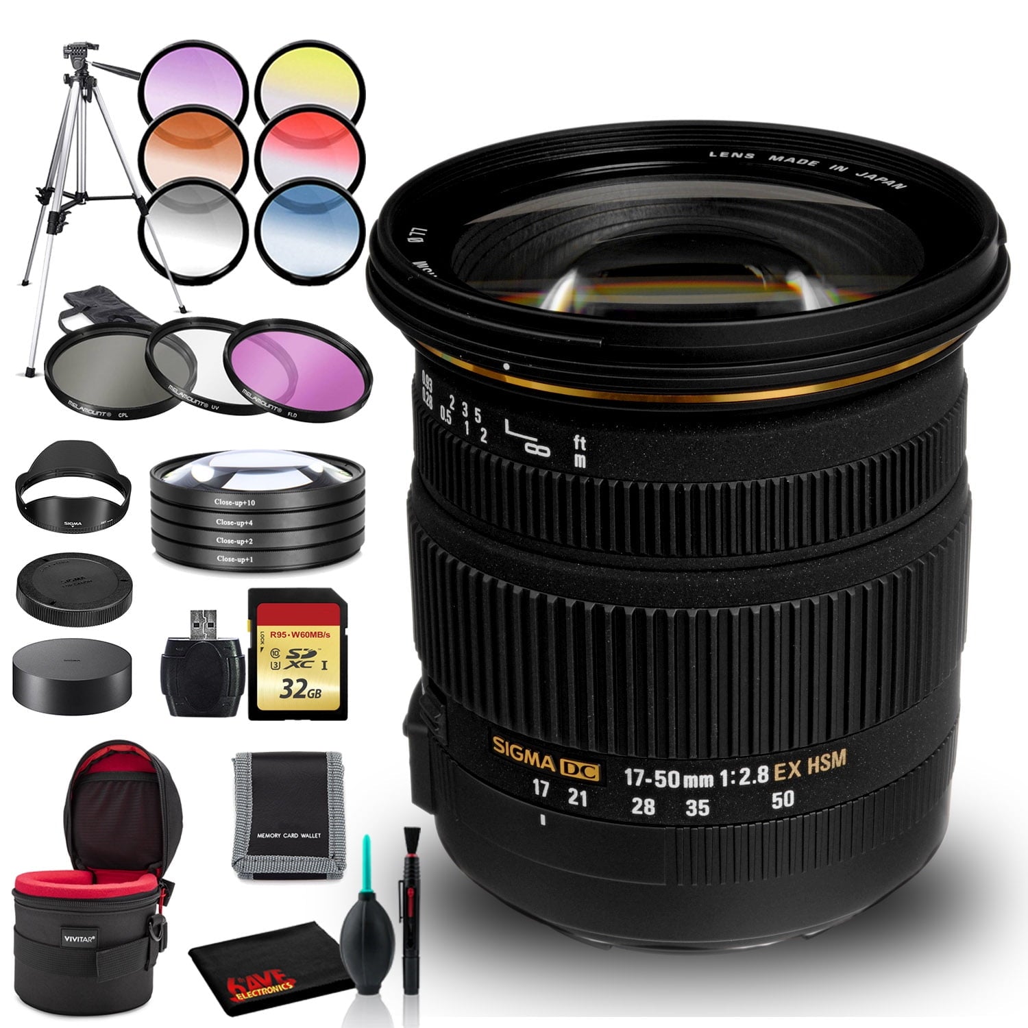 Sigma 17-50mm f/2.8 EX DC OS HSM Lens for Nikon F with Cleaning Kit, Tripod, 32GB Memory, Filters, and Padded Lens Case Bundle