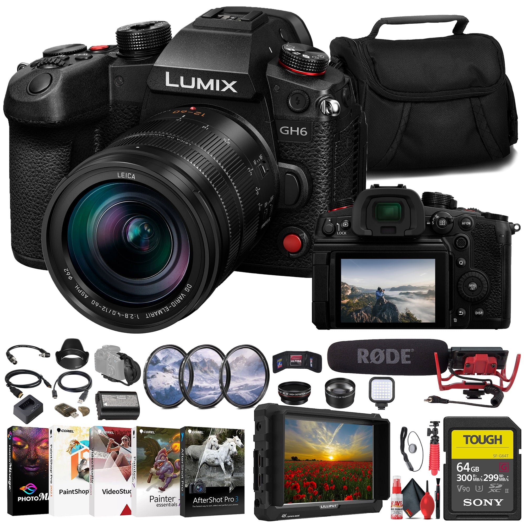 Panasonic Lumix GH6 Mirrorless Camera W/ 12-60mm f/2.8-4 Lens + 4K Monitor + More