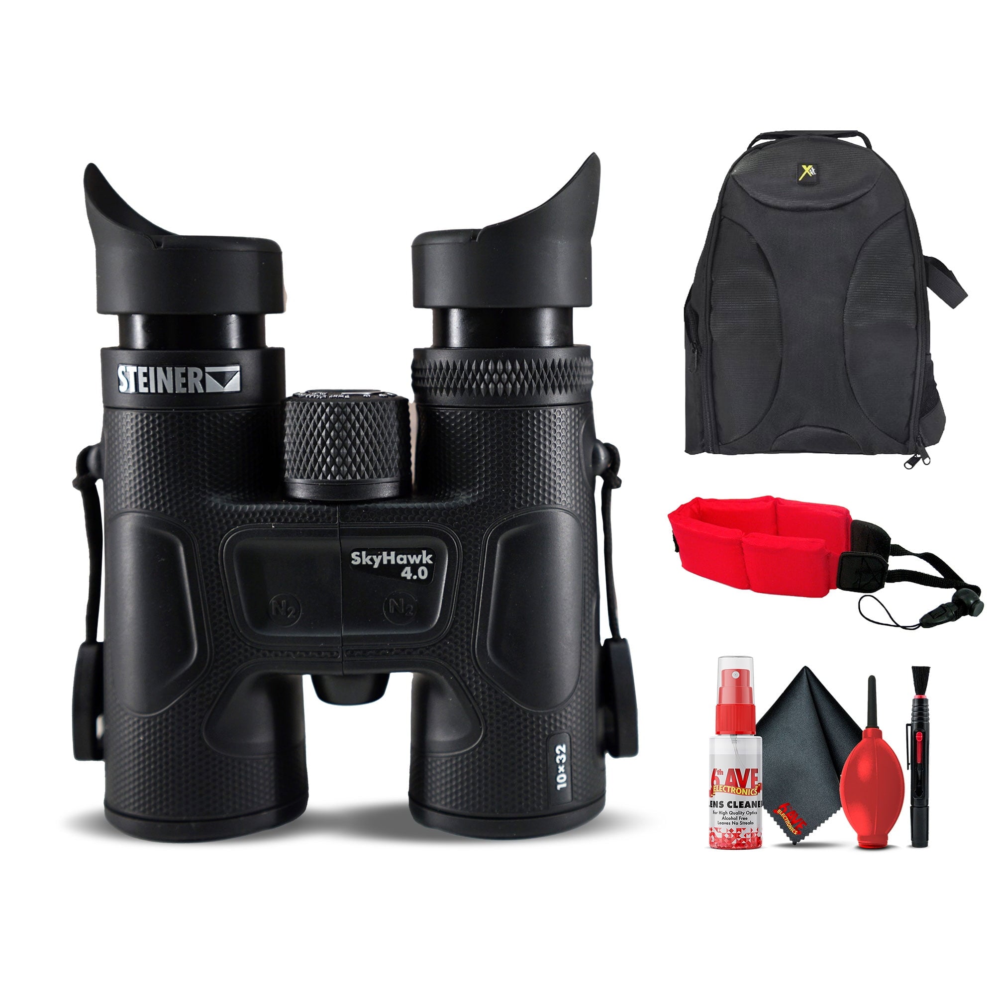 Steiner SkyHawk 4.0 10x32 Binoculars 23370900 Bundle with Padded Backpack, Floating Wrist Strap, and 6Ave Cleaning Kit