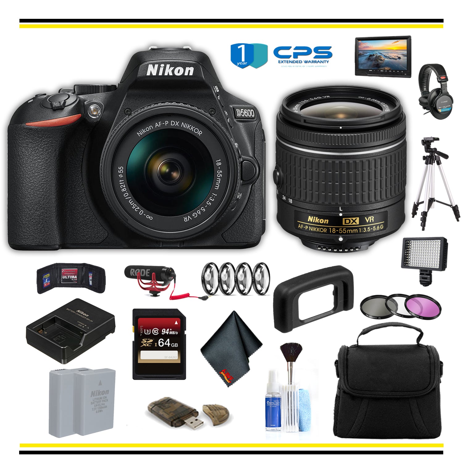 Nikon D5600 DSLR Camera with 18-55mm Lens (1576 ) Advanced Bundle W/ Bag, Extra Battery, LED Light, Mic, Filters and More- (International Model )