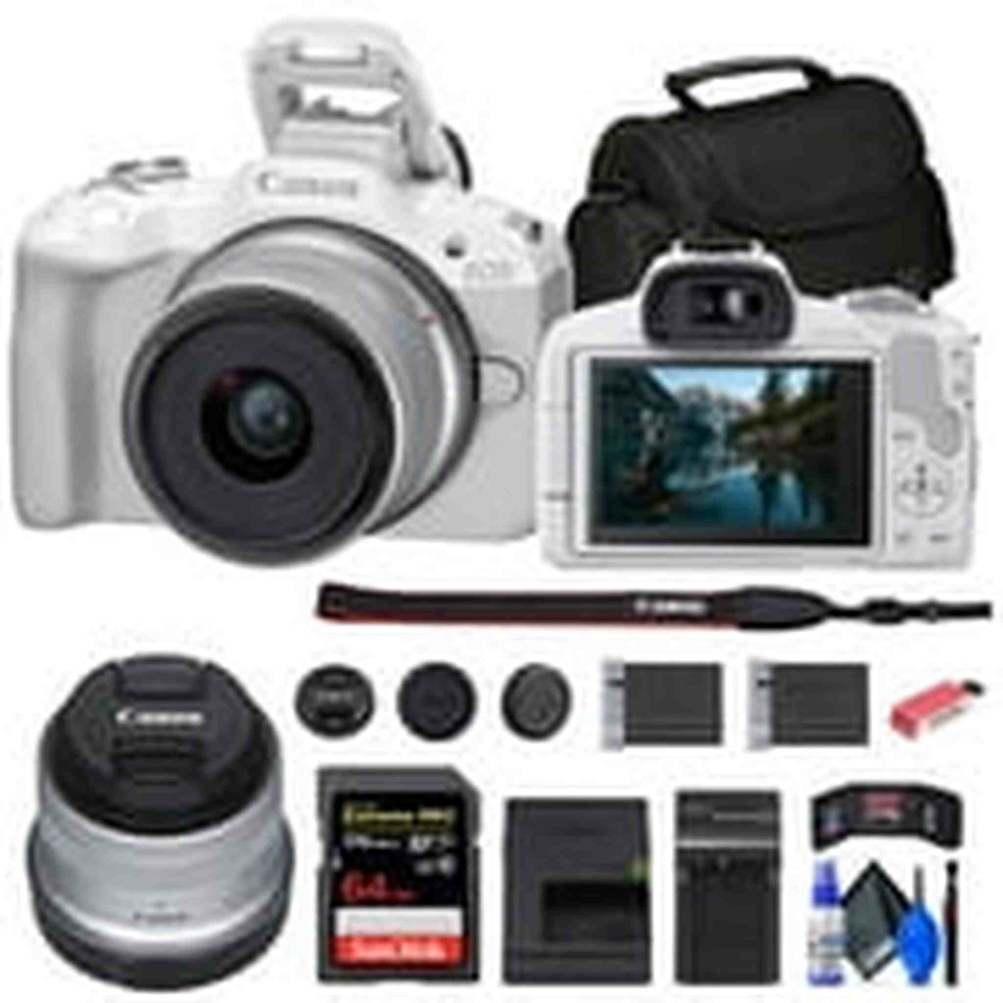 Canon EOS R50 Mirrorless Camera with 18-45mm Lens White + 64GB Card + Bag + More Canon