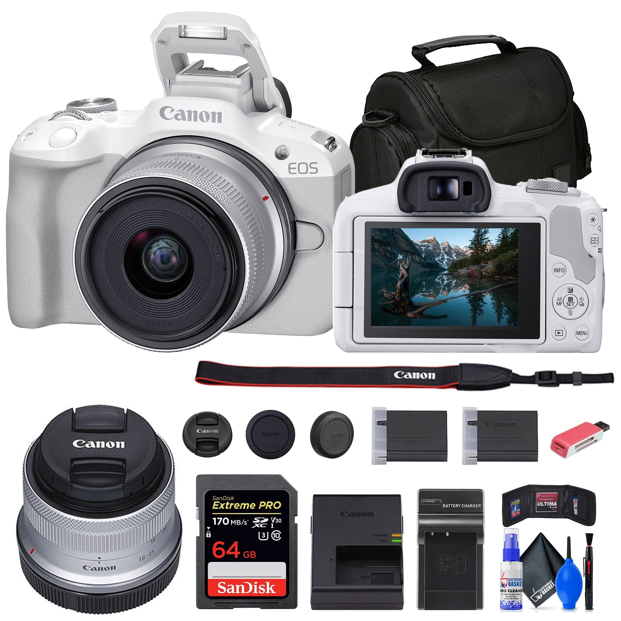 Canon EOS R50 Mirrorless Camera with 18-45mm Lens White + 64GB Card + Bag + More