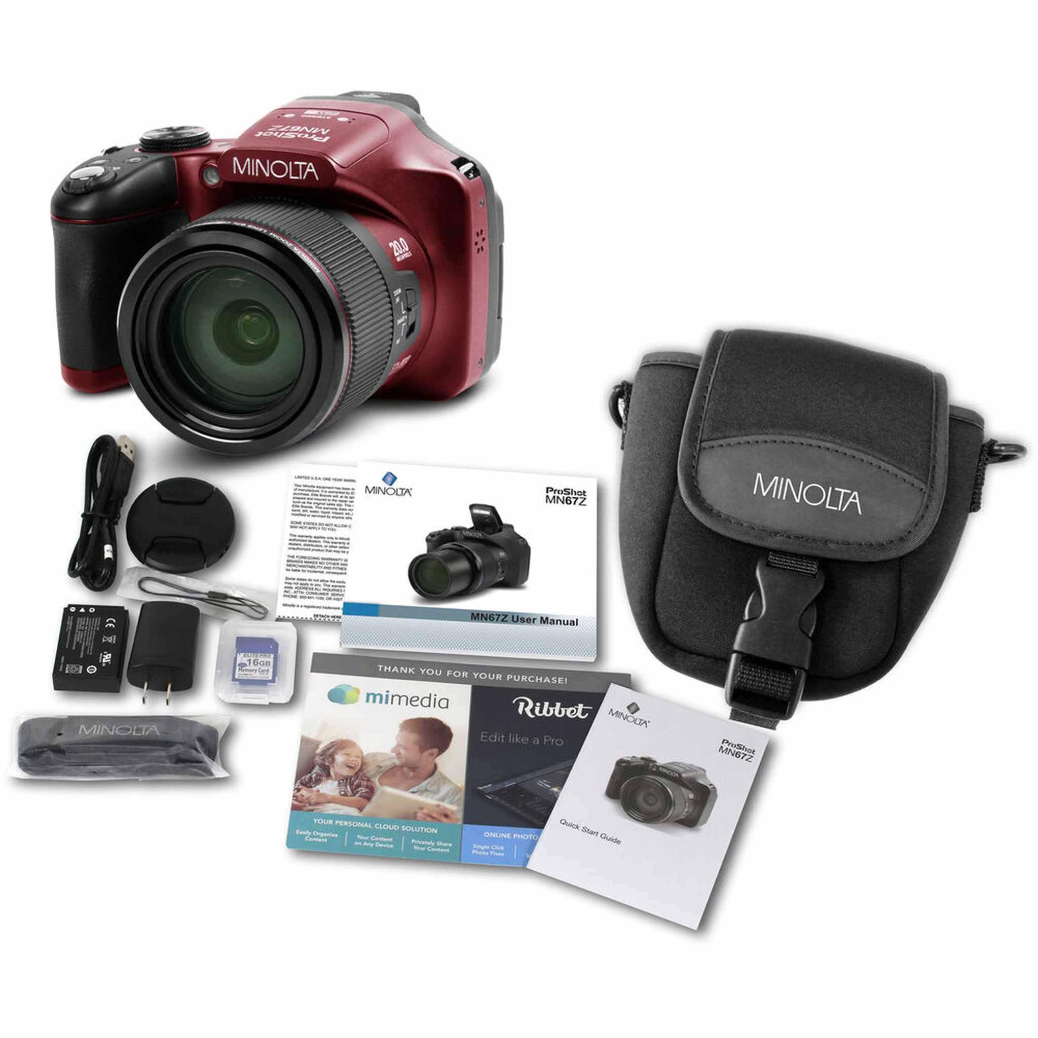 Minolta Pro Shot 20 MP HD Digital Camera with 67X Zoom, 1080P HD Video Bundle -