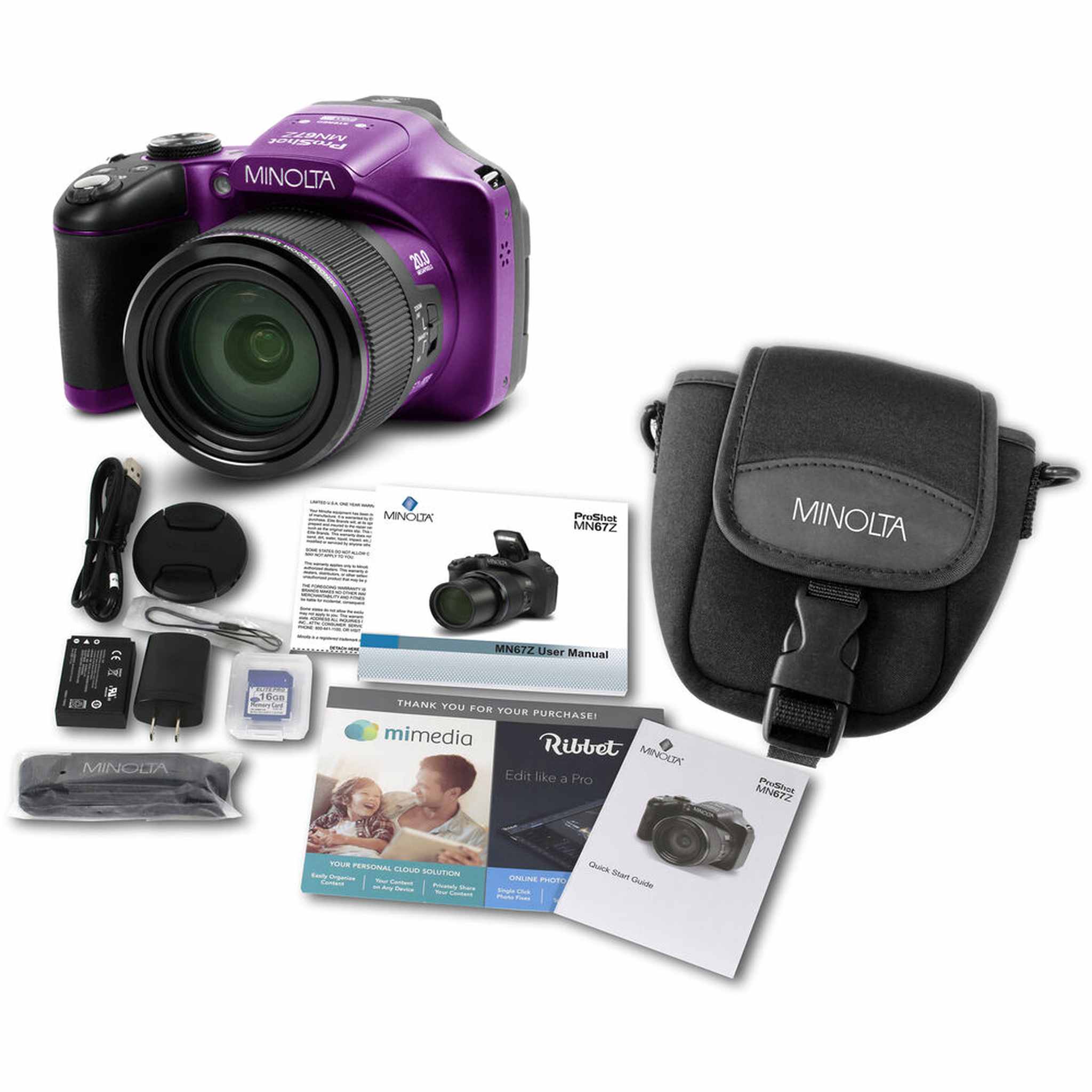 Minolta Pro Shot 20 MP HD Digital Camera with 67X Zoom, 1080P HD Video Bundle -