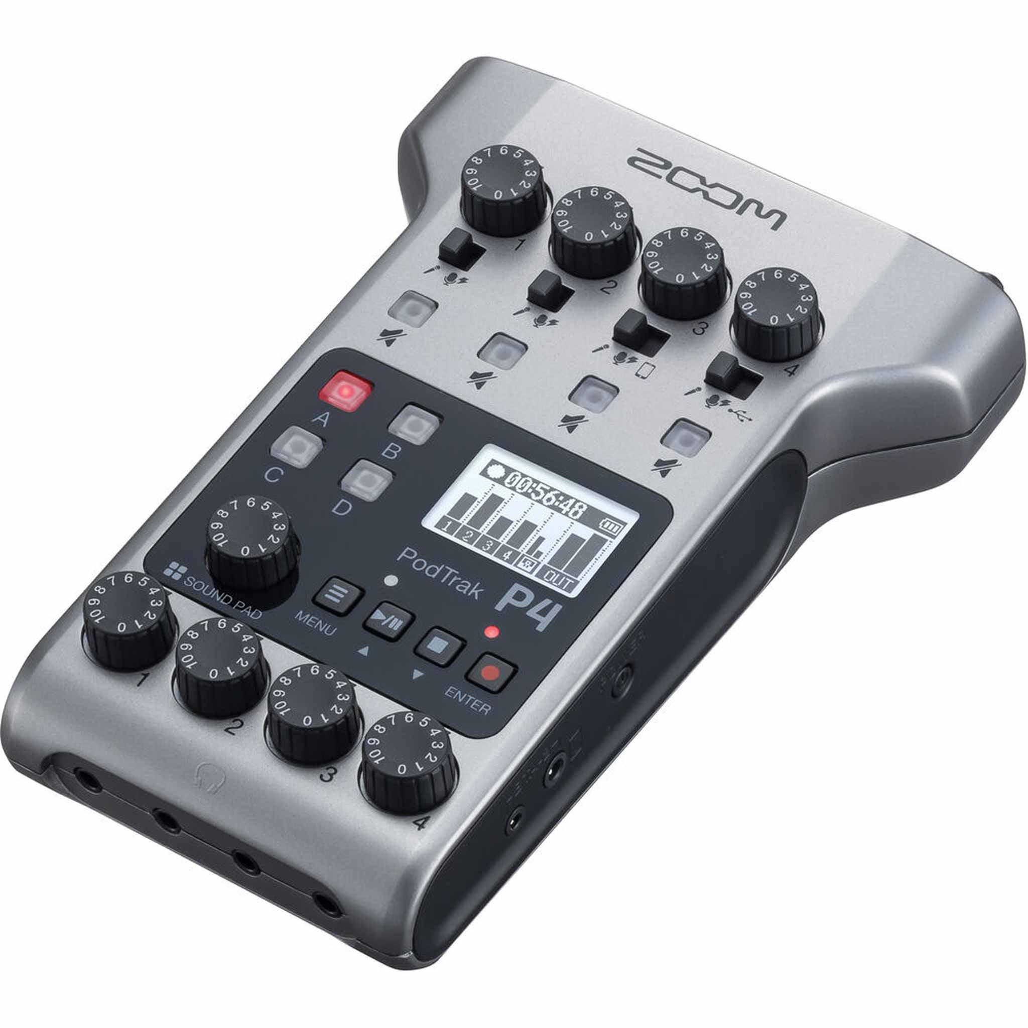 Zoom PodTrak P4 Podcast Recorder, Battery Powered, 4 Microphone Inputs, 4 Headphone Outputs, Phone and USB Input for Remote Interviews, Sound Pads, 2-In/2-Out Audio Interface