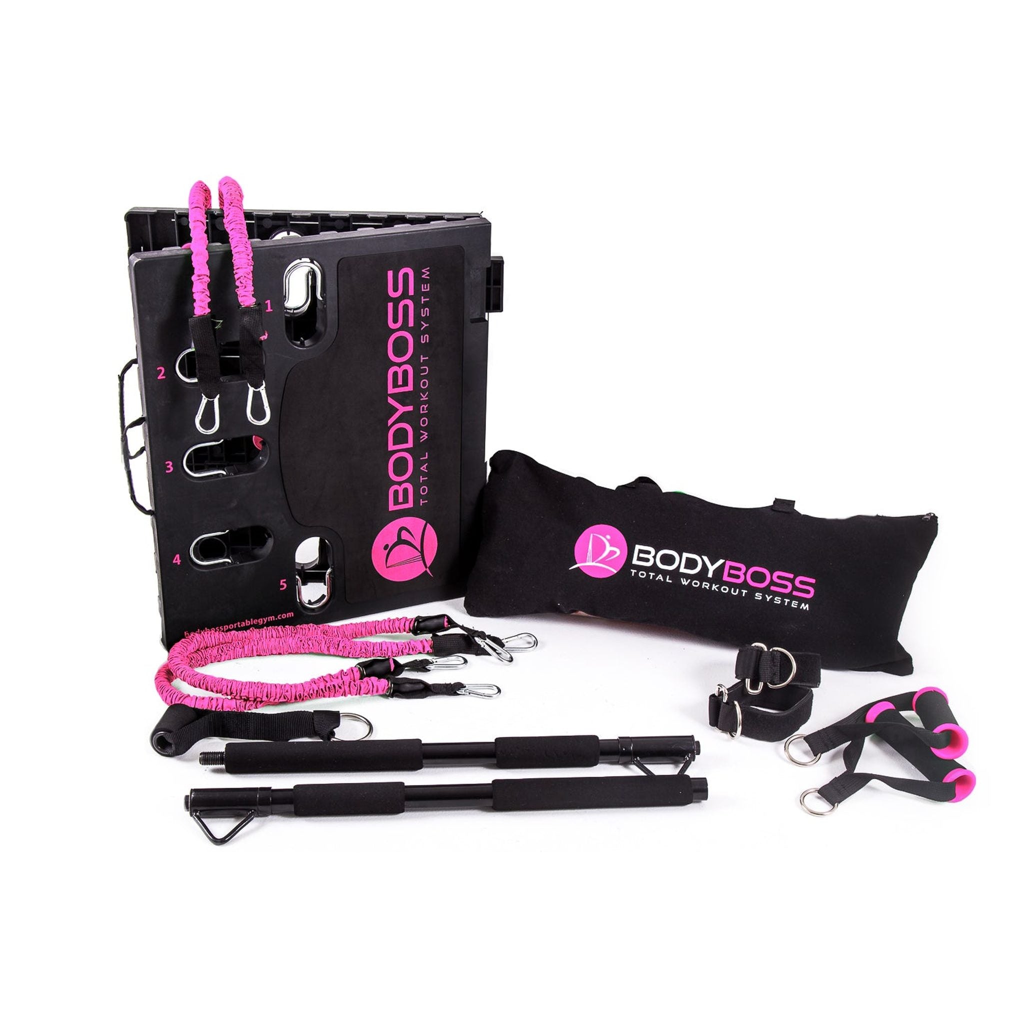 BodyBoss 2.0 - Full Portable Home Gym Workout Package + Resistance Bands - Collapsible Resistance Bar, PKG4-PINK - Used BodyBoss