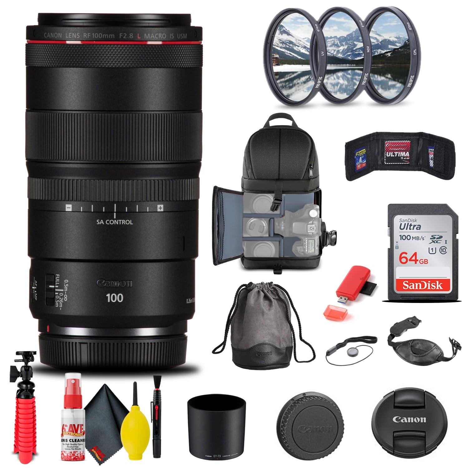 Canon RF 100mm f/2.8L Macro IS USM Lens (4514C002) + FilterKit + BackPack + More