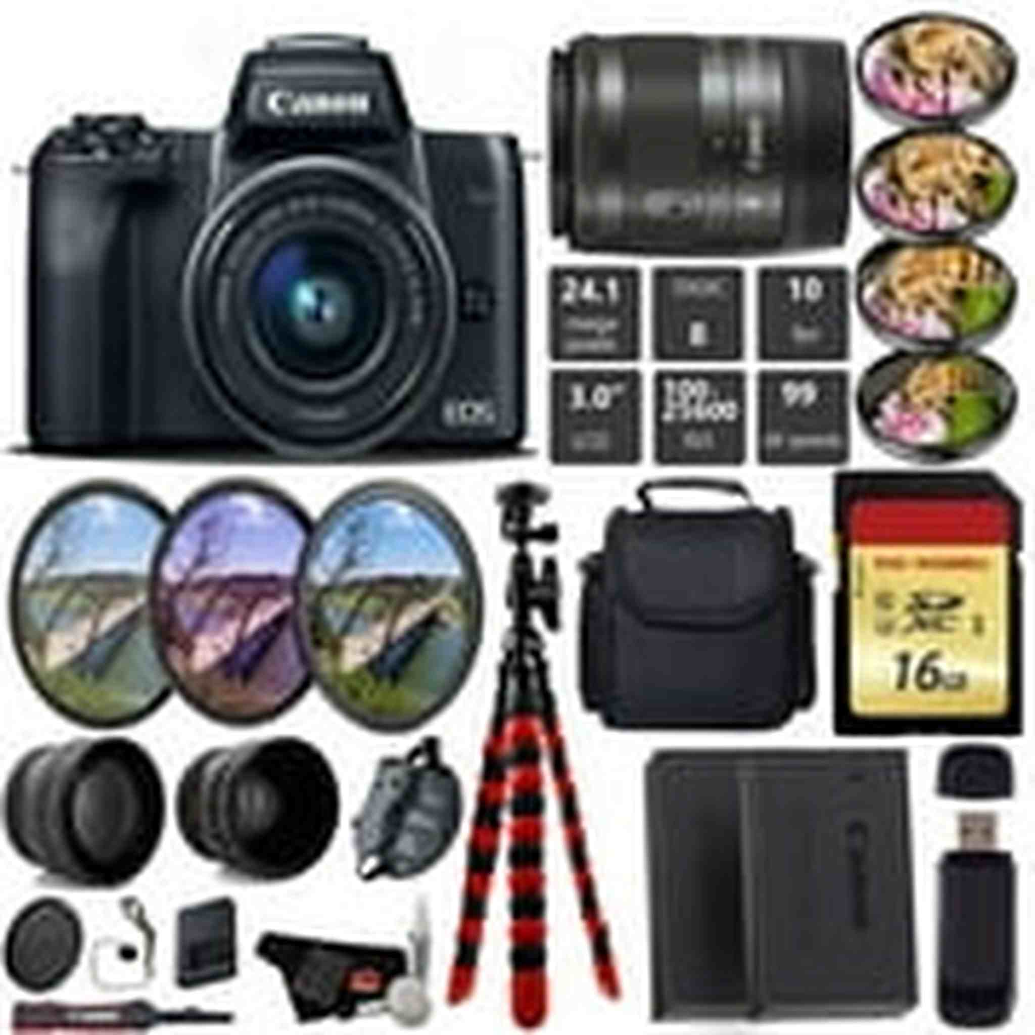 Canon EOS M50 Mirrorless Digital Camera with 15-45mm Lens + UV FLD CPL Filter Kit + 4 PC Macro Kit + Wide Angle & Teleph Canon