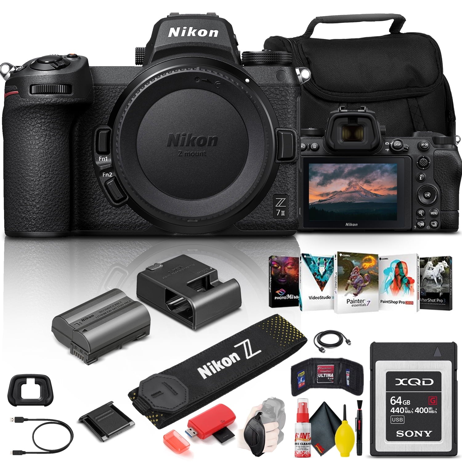 Nikon Z 7II Mirrorless Digital Camera 45.7MP Body Only 1653 + 64GB XQD Card + Corel Photo Software + Case + HDMI Cable + Card Reader + Cleaning Set + Hand Strap - International Model Bundle Nikon