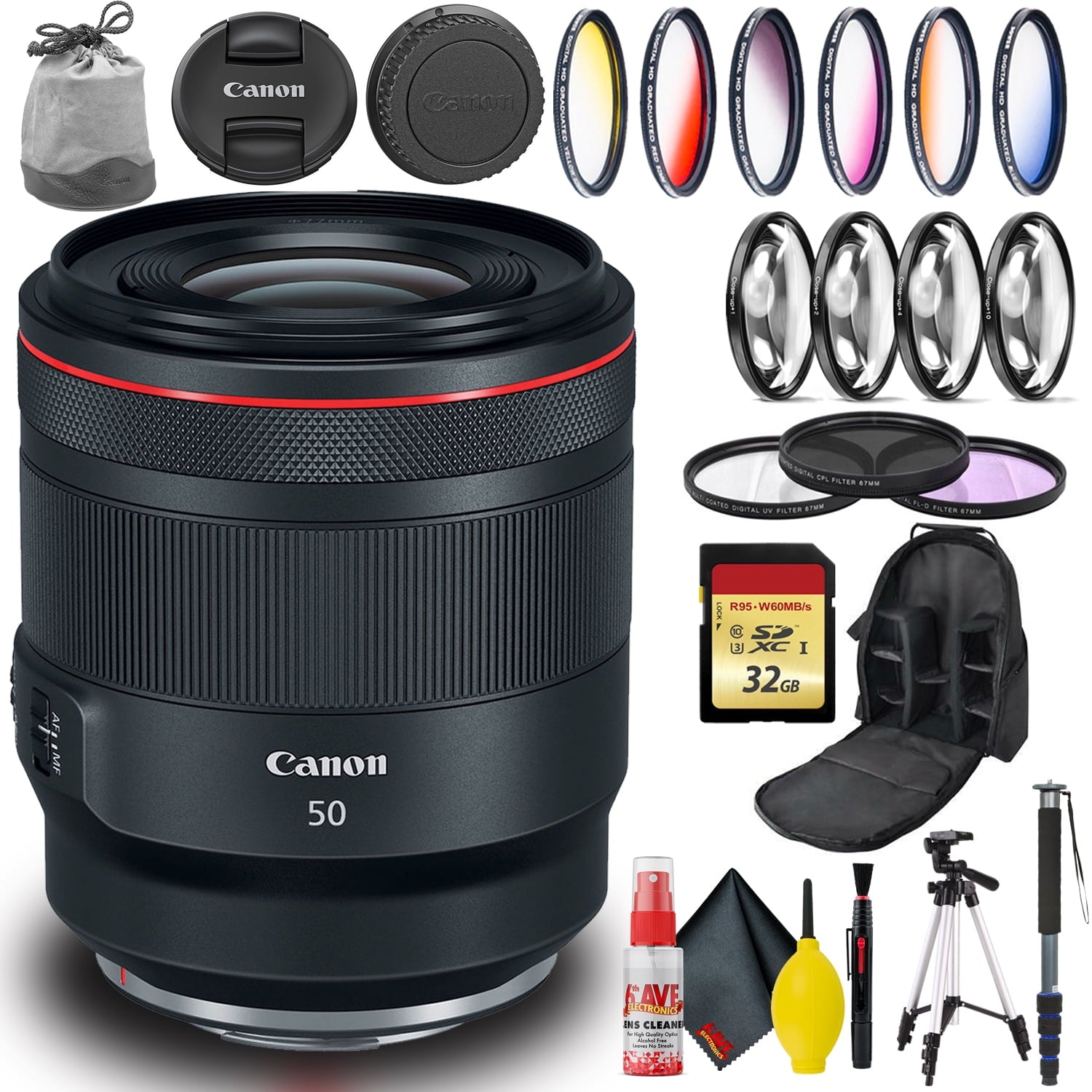 Canon RF 50mm USM Lens Intl Model with Monopod, Tripod, 32GB Memory Bundle
