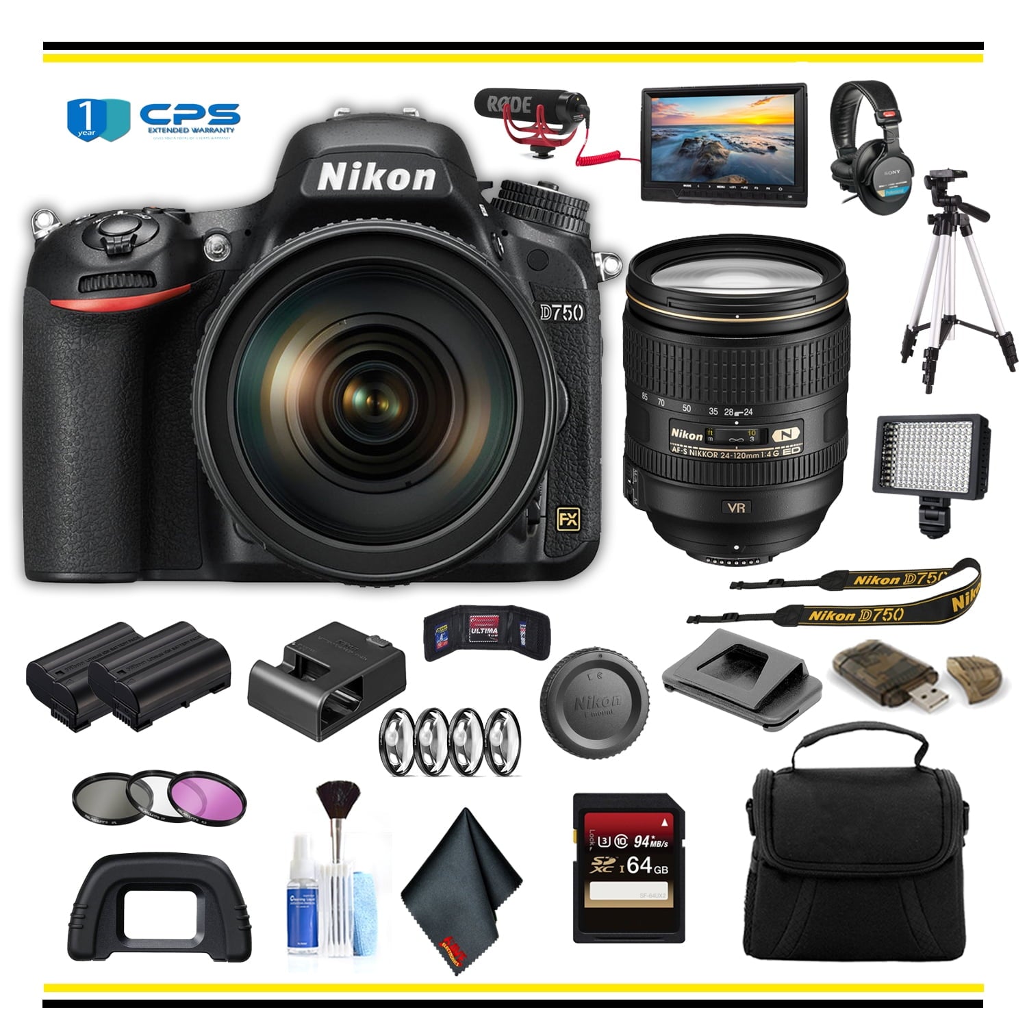 Nikon D750 DSLR Camera with 24-120mm Lens 1549 Professional Bundle W/ Bag, Extra Battery, LED Light, Mic, Filters, Tripod, Monitor and More- International Model