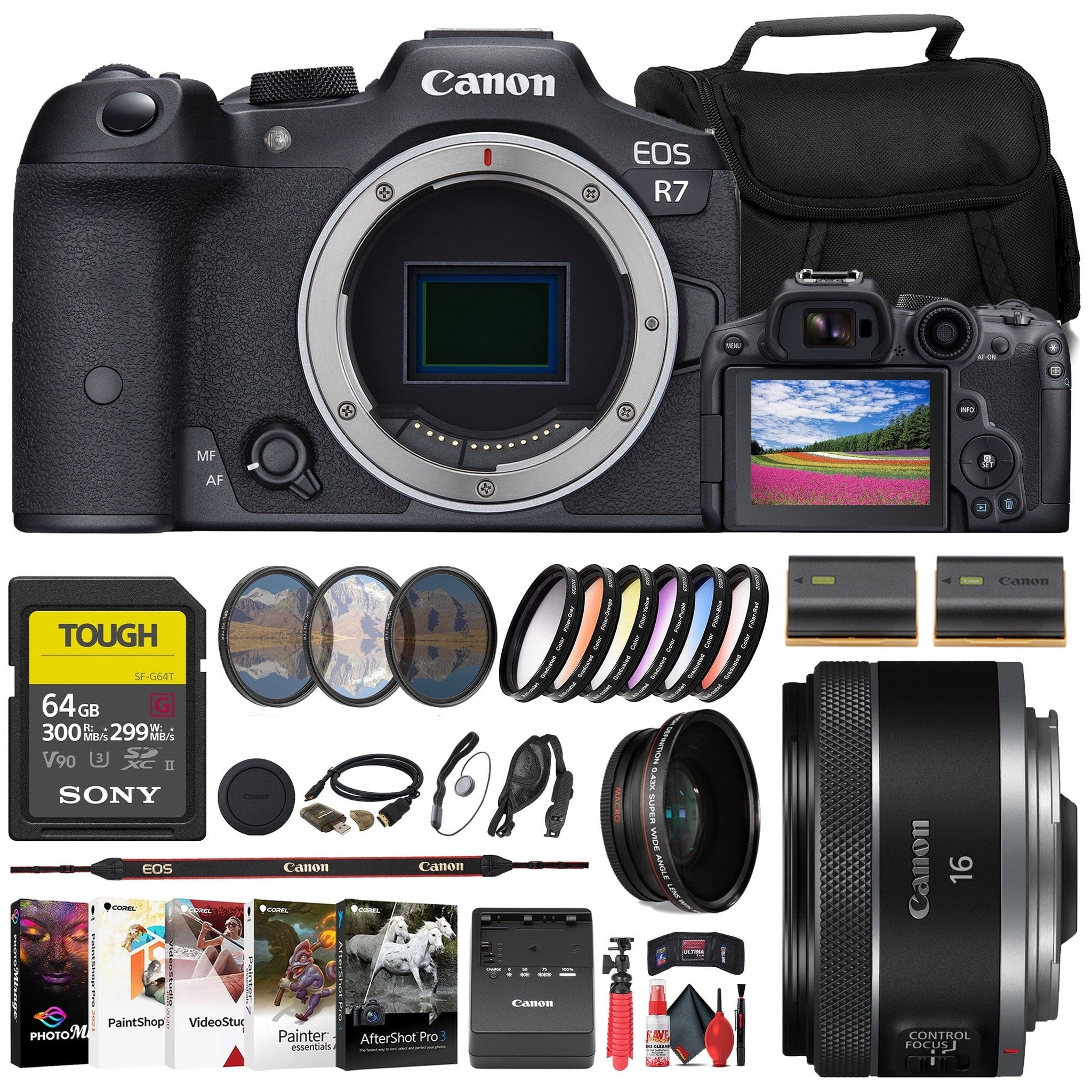 Canon EOS R7 Mirrorless Camera + Canon 16mm Lens + 64GB Card + Filter + Bag + More Canon