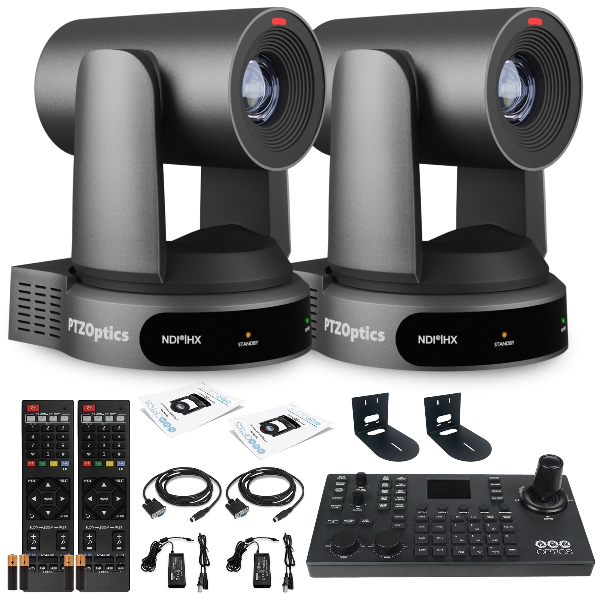 2 x PTZOptics Move 4K PTZ Camera with 30x Zoom Gray PT30X-4K-GY-G3 + SuperJoy PTZ Controller + 2 x Wall Mount