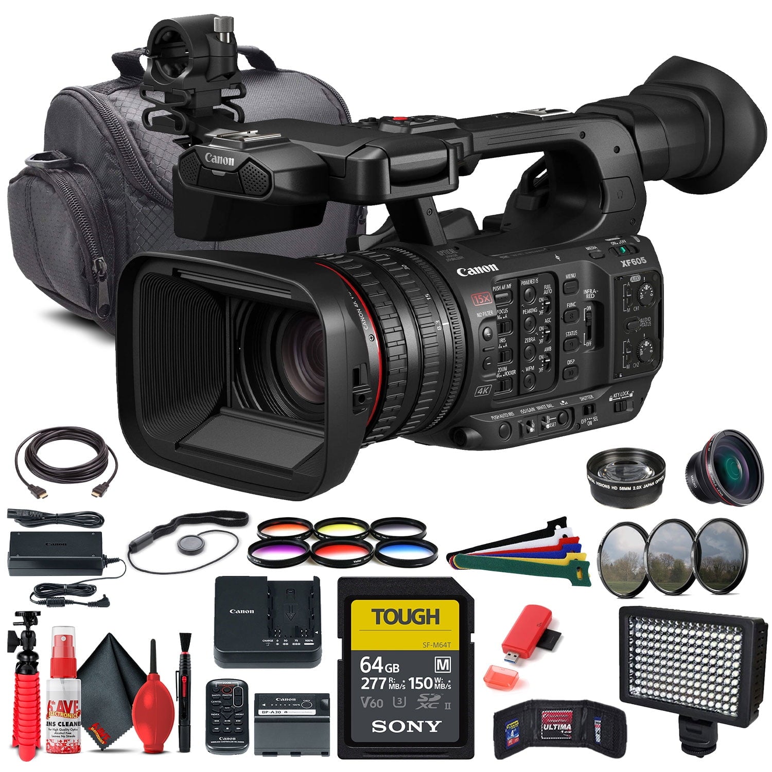 Canon XF605 UHD 4K HDR Pro Camcorder 5076C002 + BP-A60 Battery + More Bundle