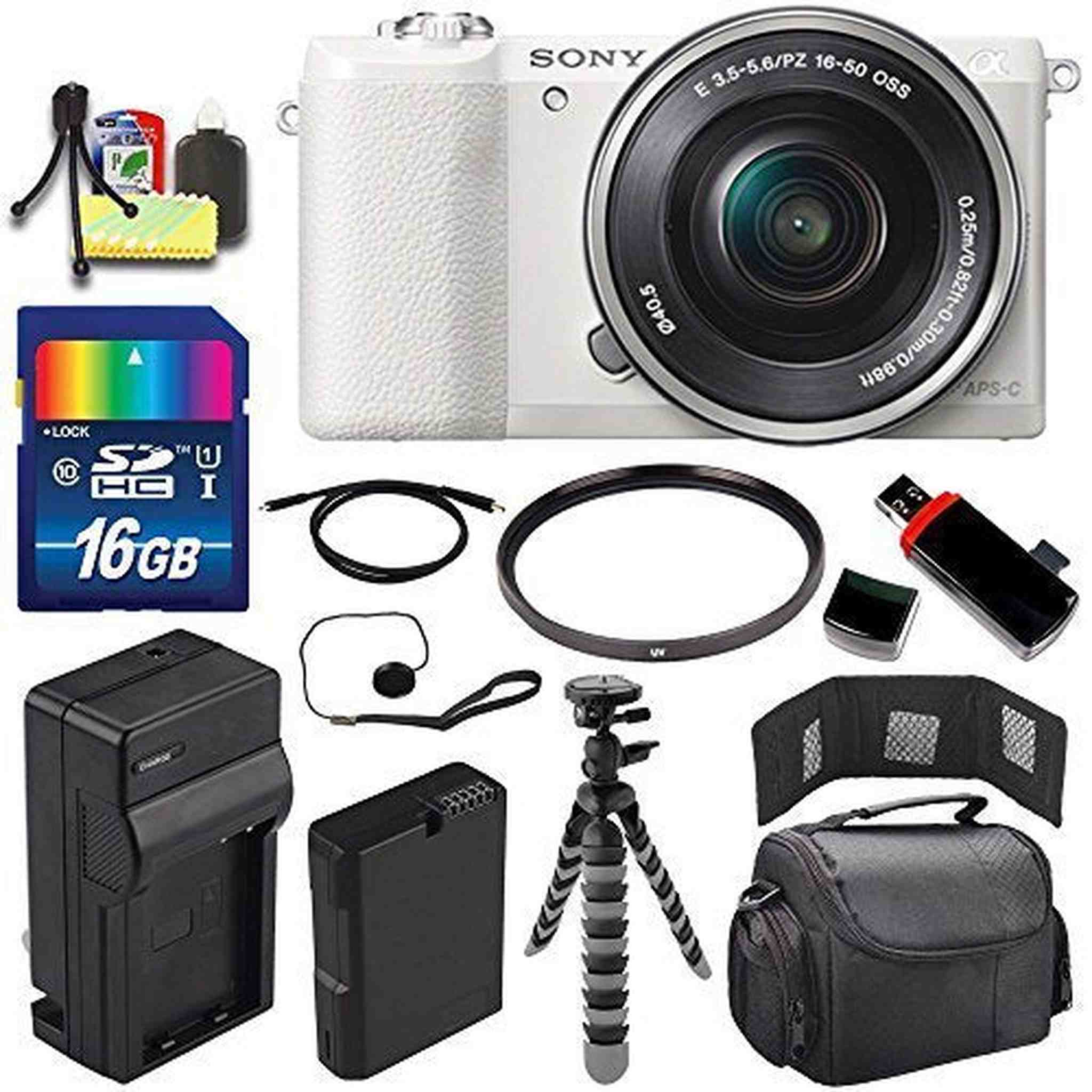 Sony Alpha a5100 Mirrorless Digital Camera with 16-50mm Lens White + Battery + Charger + 16GB Bundle 1 - International Sony