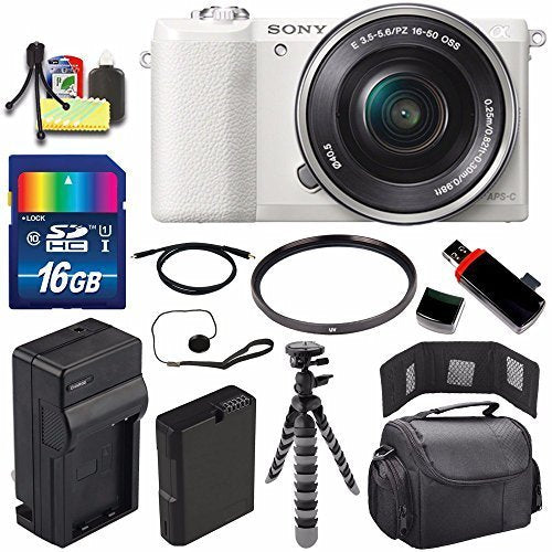 Sony Alpha a5100 Mirrorless Digital Camera with 16-50mm Lens White + Battery + Charger + 16GB Bundle 1 - International