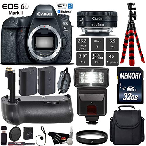 Canon EOS 6D Mark II DSLR Camera With 24mm f/2.8 STM Lens + Professional Battery Grip + UV Protection Filter + Flash Starter Bundle