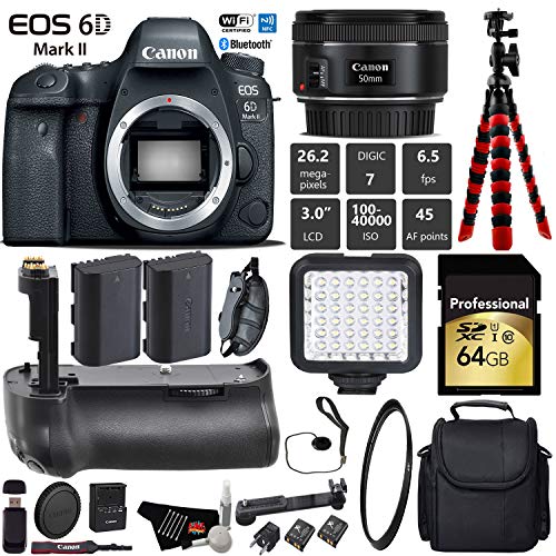 Canon EOS 6D Mark II DSLR Camera With 50mm 1.8 STM Lens + Professional Battery Grip + UV Protection Filter + LED Kit Pro Bundle