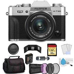 FUJIFILM X-T30 Mirrorless Digital Camera with 15-45mm Lens 16619061 Silver - Bundle with 32GB Memory Card + Carrying Case + More